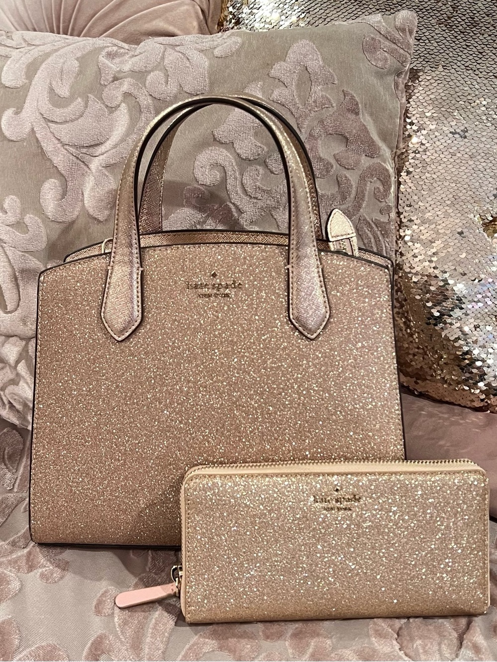 kate spade Rose Gold Glitter Satchel with Matching Wallet